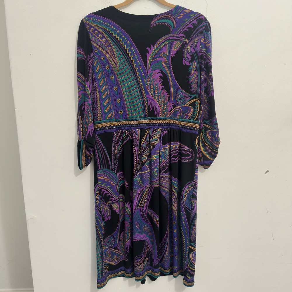 ECI New York Paisley Dress Purple Teal Beaded Empire Waist Roll Tab Sz 12 Boho - Picture 3 of 8